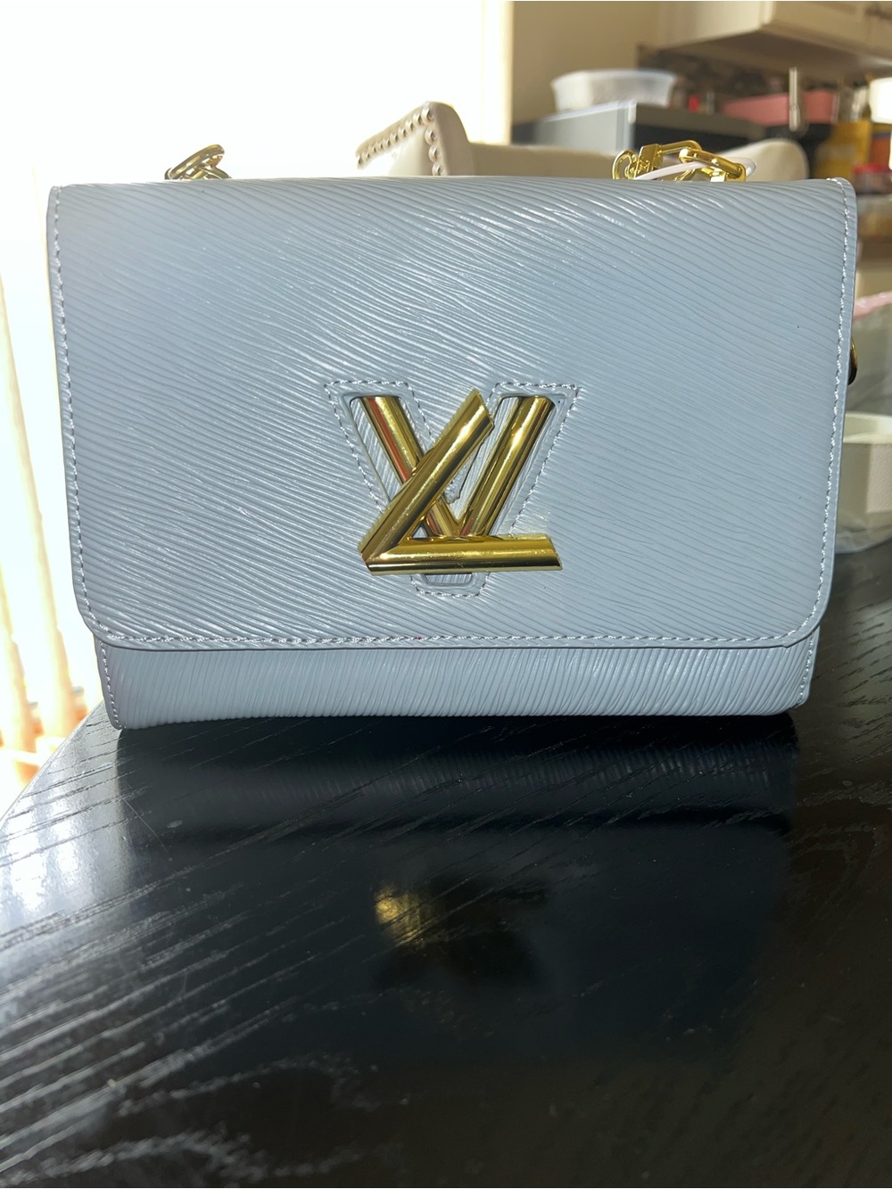 Light Blue Epi Leather Shoulder Bag with Gold Hardware
